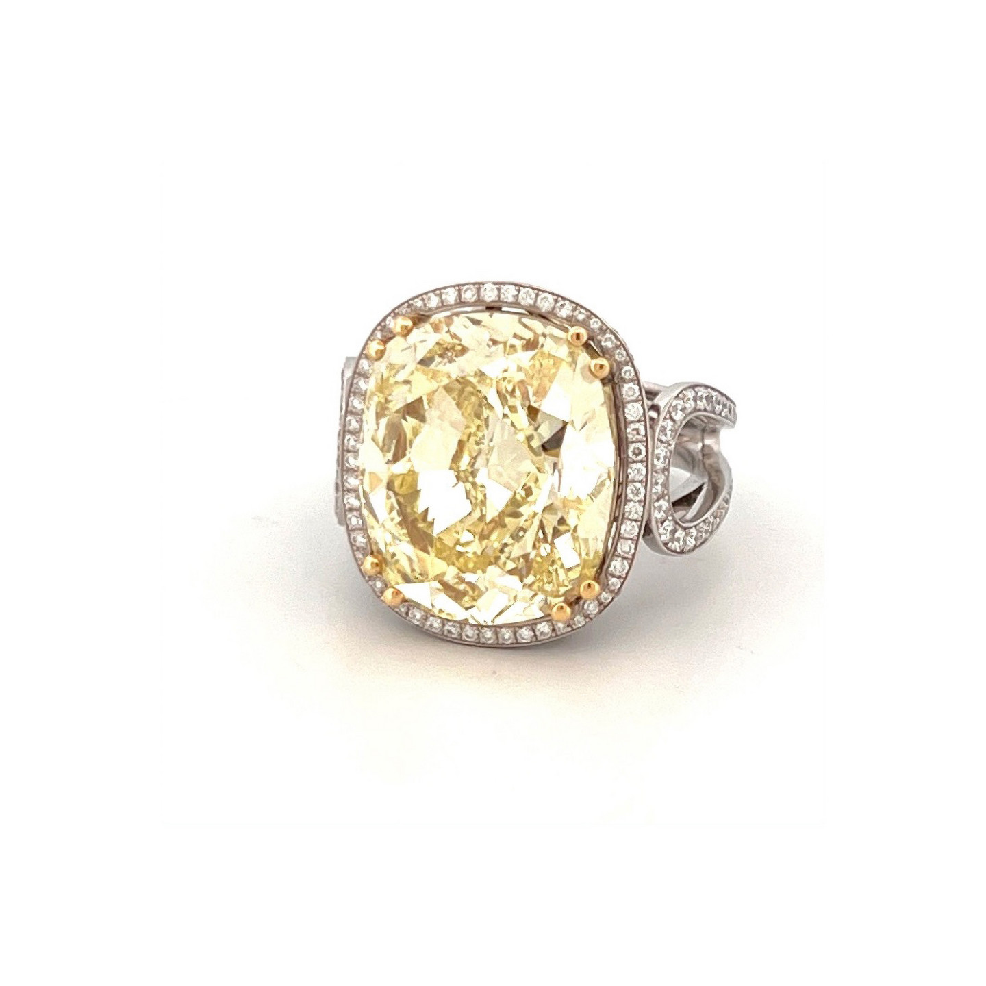 Damenring in 18Kt Weissgold mit einem Fancy yellow Diamanten 17.02ct mit GIA Zertifikat sowie Garni-Brillanten total 0.98ct G vsi