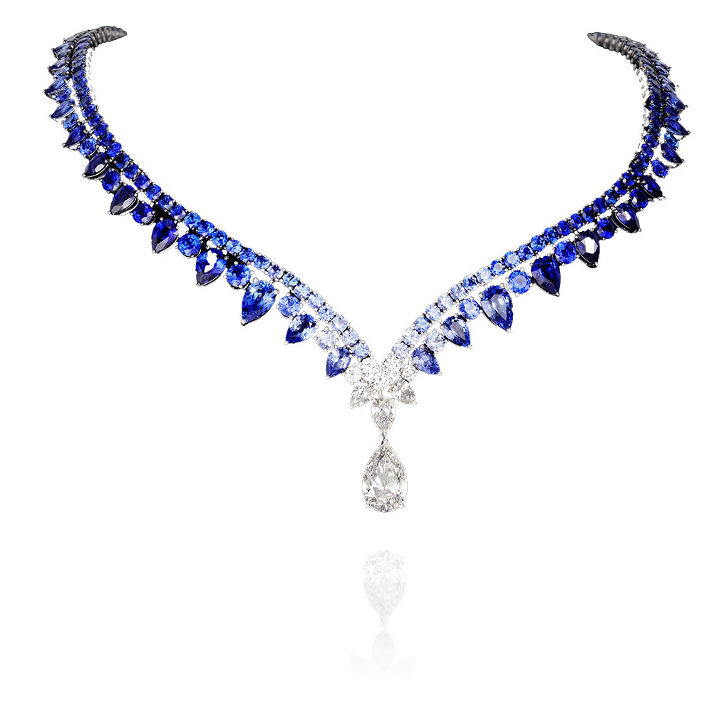 Bleu Baiser Collier mit einem tropfenförmigen Diamanten d/flawless 3.51ct., Diamanten und Safiren